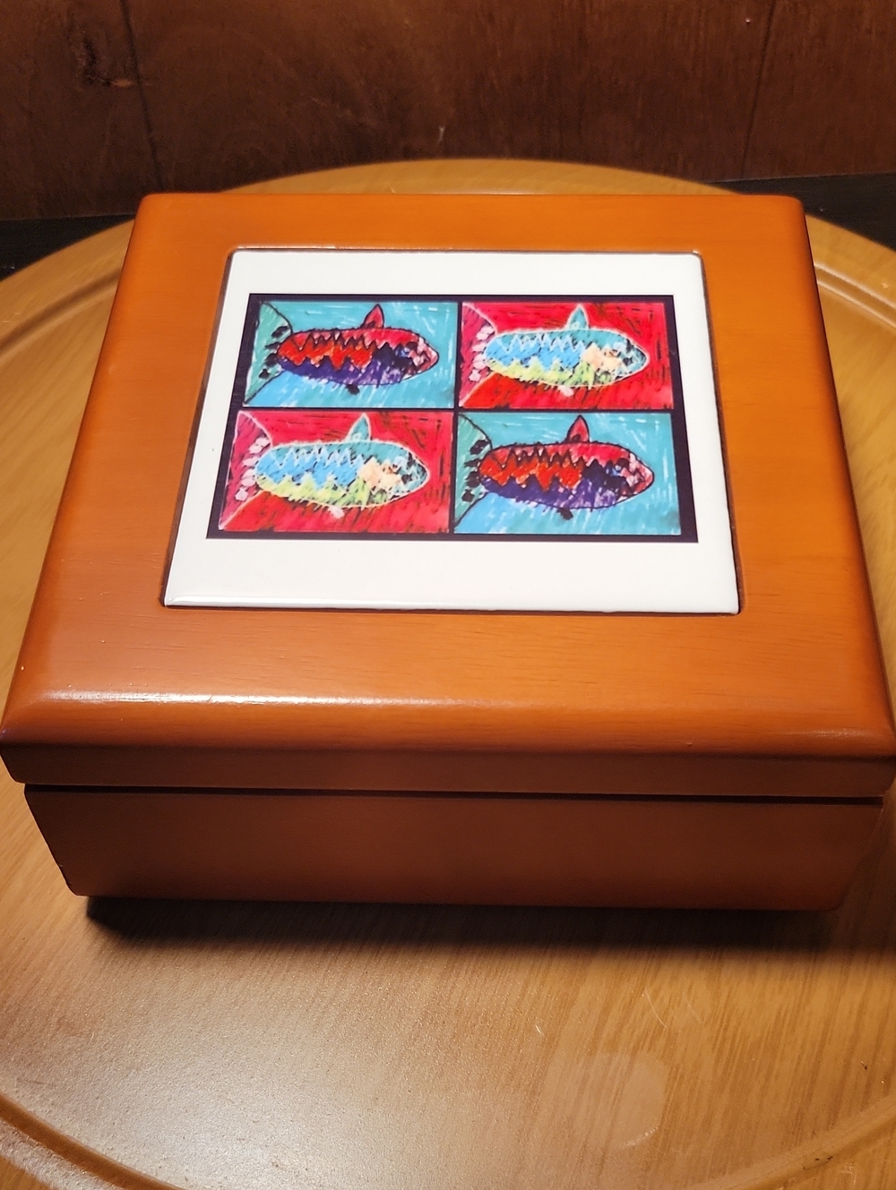 Wooden  Fish Trinket Jewelry Box with Colorful Tile Art